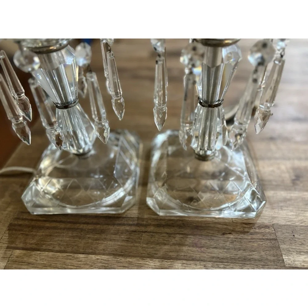 VTG Crystal Hurricane Buffet Lamps Mantle Etched Globes Prisms 15